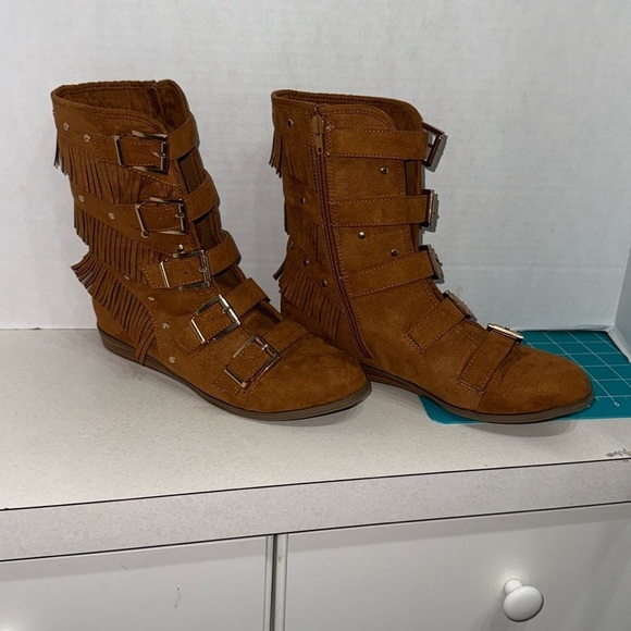 Fringe Buckle Suede Boots - Brown - Picture 1 of 14
